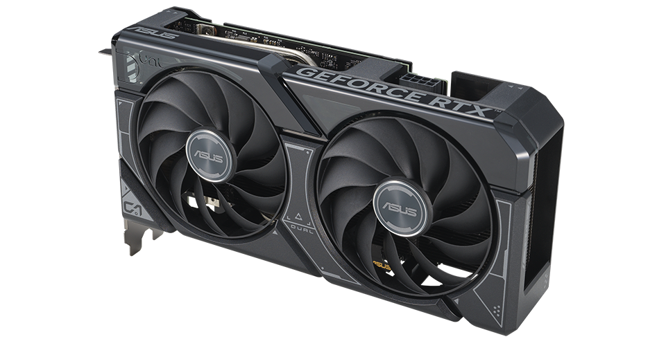 Vista frontal em ângulo da placa gráfica ASUS Dual GeForce RTX 4060 Ti.