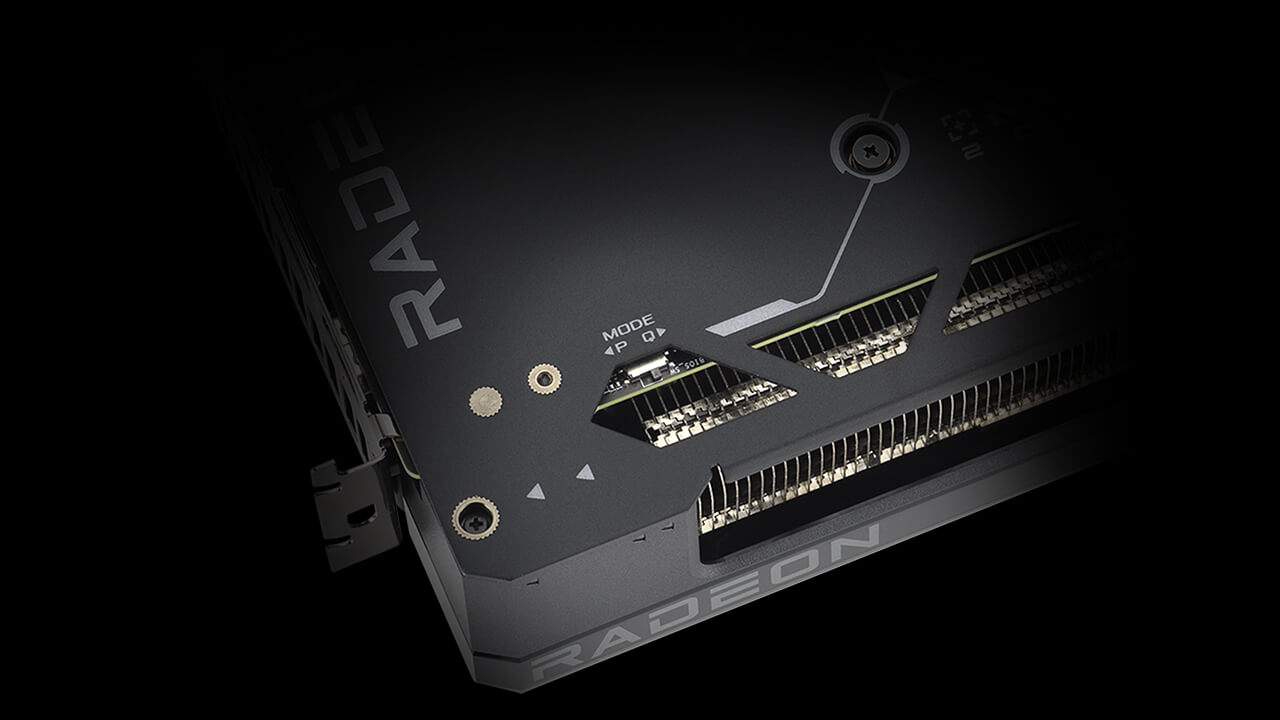 Close-up van de ASUS Dual Radeon™ RX 7700 XT dubbele BIOS-schakelaar