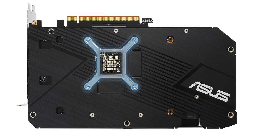 Rückansicht der ASUS Dual Radeon RX 6650 XT V2 mit Hervorhebung der GPU-Halterung