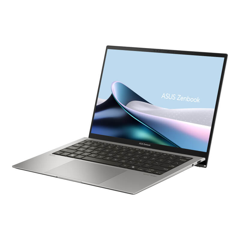 A gray ASUS Zenbook S 13 OLED opened at 120 degrees viewed from the right.