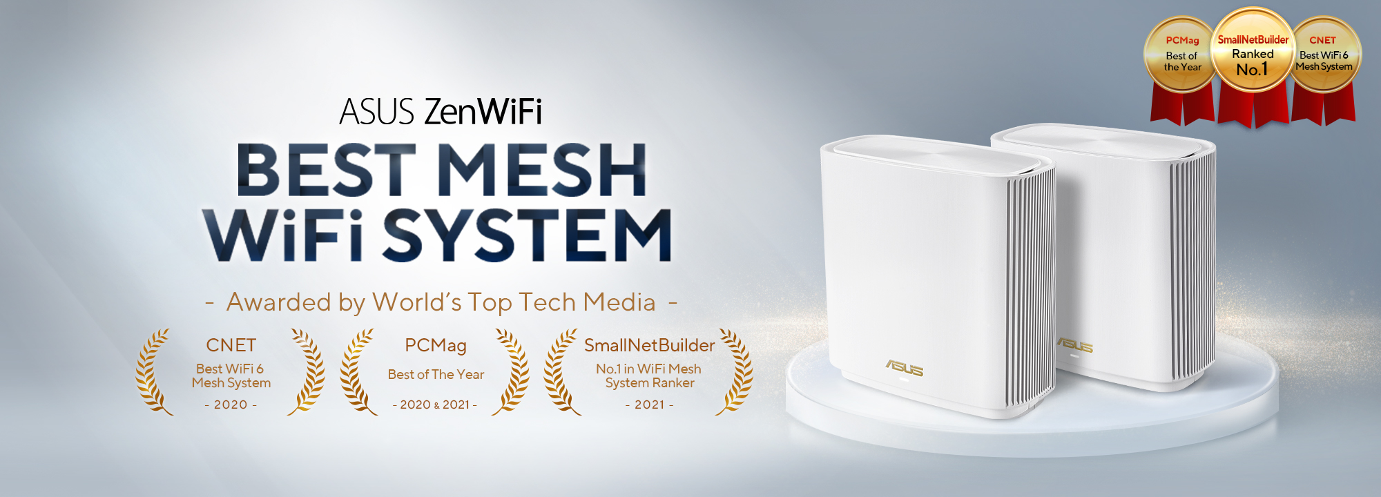 Das ASUS ZenWiFi Mesh-WiFi-System wurde von den weltweit führenden Technikmedien, darunter CNET, PCMag und SmallNetBuilder, als bester WiFi 6 Mesh-Router ausgezeichnet.