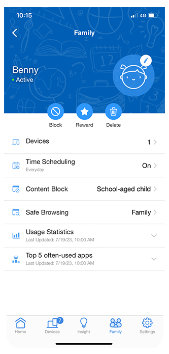 ASUS parental control device information page, showing many customizable features that users can choose from.