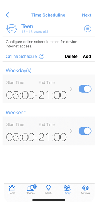 Time scheduling UI  with flexible internet access time settings for weekdays and weekend.