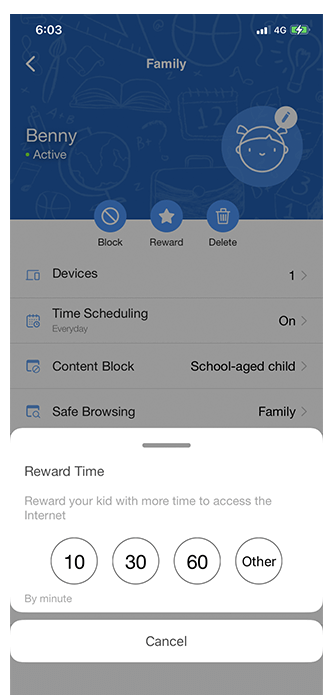 Reward time setting UI with options of 10 minutes, 30 minutes, 60 minutes, or “other,” allowing you to customize the time by yourself.