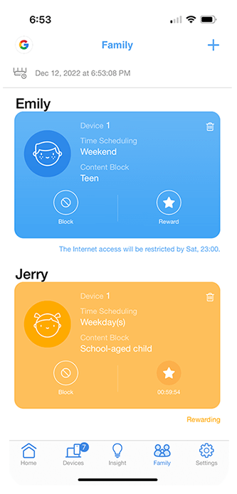 Two family profile cards, with the yellow one indicating it is in time rewarding mode.