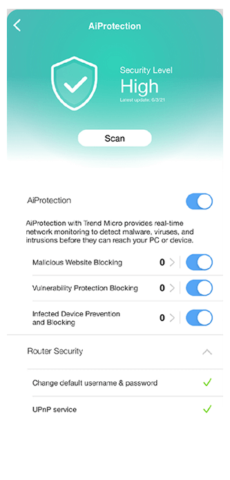 De gebruikersinterface van de ASUS Router-app toont AiProtection en de 1-tik beveiligingsscanfunctie, met een hoog beveiligingsniveau.