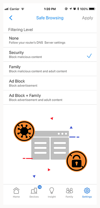 Safe browsing UI with the “security” filter selected.