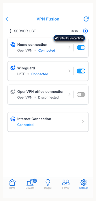 VPN Fusion UI with a list of connected VPNs, including WireGuard and OpenVPN.