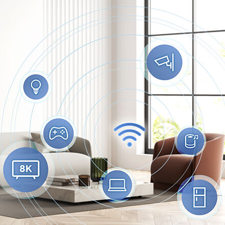 modern living room with various smart home device icons connected through a central WiFi symbol.
