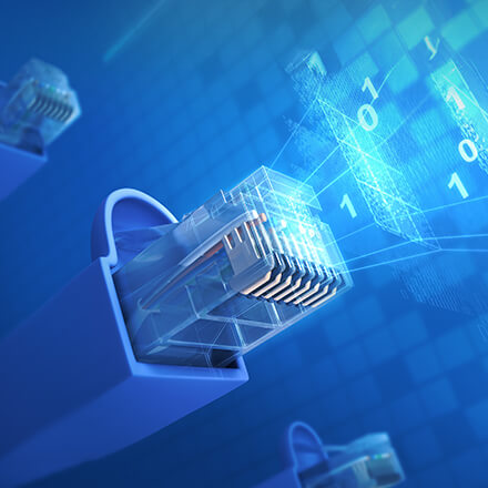 close-up view of blue Ethernet cables with a digital data overlay.