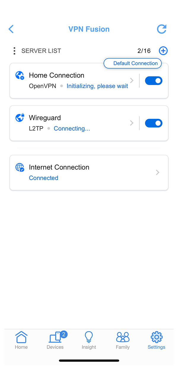 VPN Fusion UI with a list of connected VPNs, including WireGuard and OpenVPN.