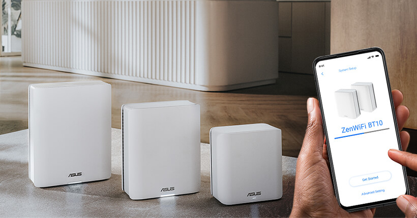 ZenWiFi BQ16, BT10, BD4 mesh routers displayed on a table in a living room setting, and to the right, a hand holds a phone, its screen showing the BT10 setup process.