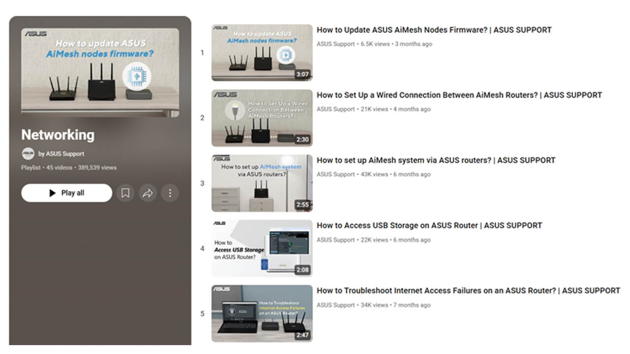 A preview frame showing a selection of ASUS networking videos