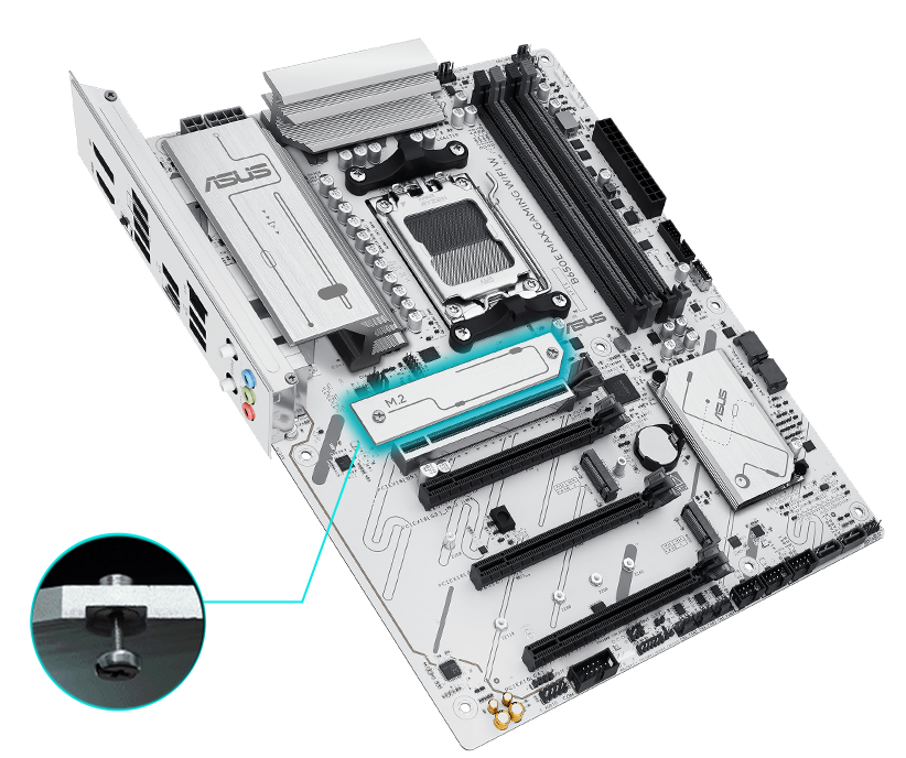 The B650E MAX GAMING WIFI W motherboard offers M.2 heatsinks.