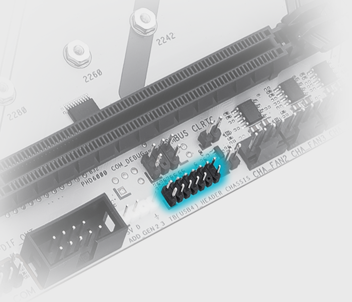 The B650E MAX GAMING WIFI W motherboard features Thunderbolt™ USB4 header.