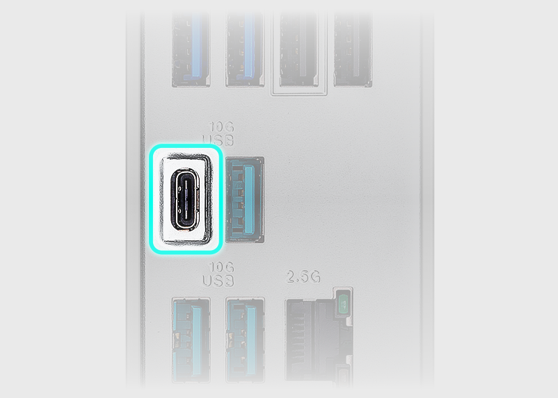 The B650E MAX GAMING WIFI W motherboard features USB 10Gbps Type-C®