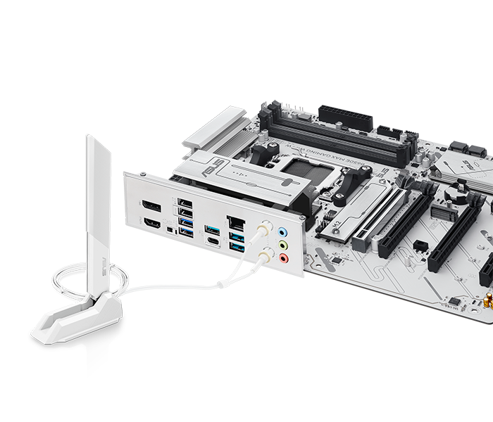 The B650E MAX GAMING WIFI W motherboard features onboard WIFI 6E.