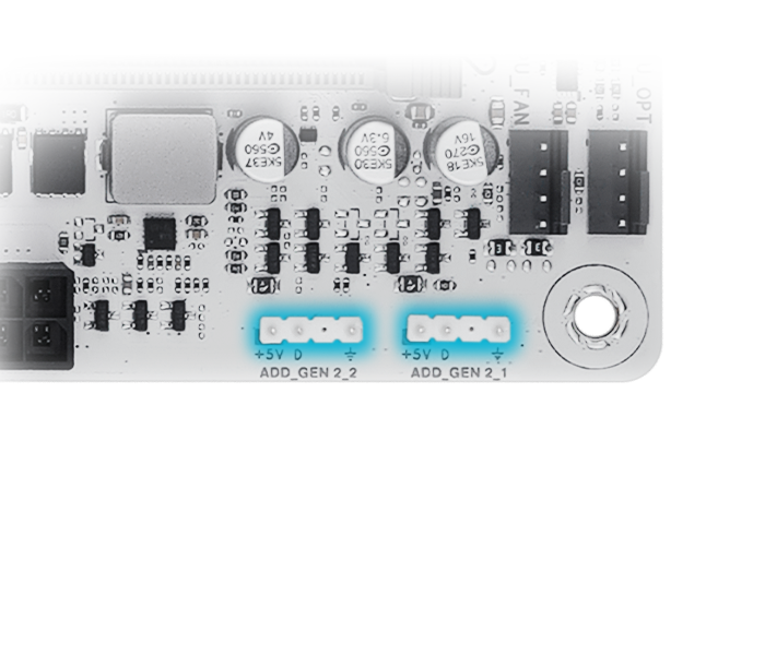 The B650E MAX GAMING WIFI W motherboard features addressable RGB Gen 2 headers. 