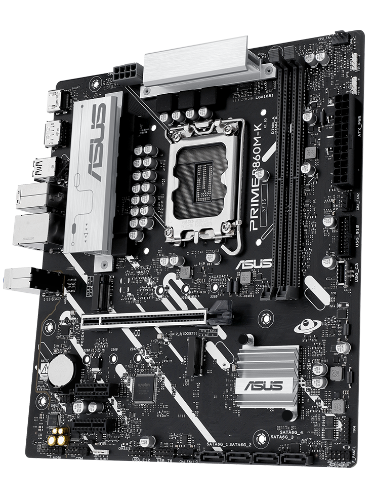 PRIME B860M-K-CSM motherboard front view, floating in space.