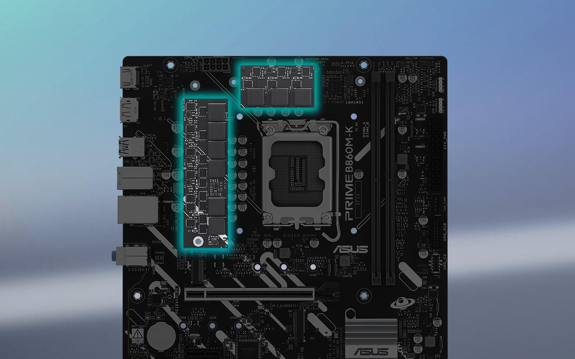 Angled top-down view of PRIME B860M-K-CSM motherboard. 