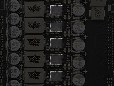 graphics card PCB highlighting 80-amp MOSFETs