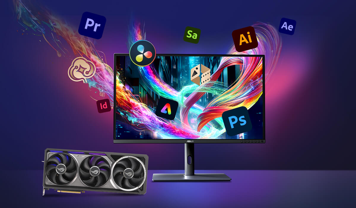 Monitor and ROG Astral on a desk, with Adobe product logos floating around the monitor