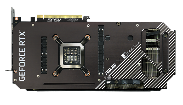Graphics card backplate, highlighting the wide vent, GPU bracket, and stainless steel I/O port bracket.