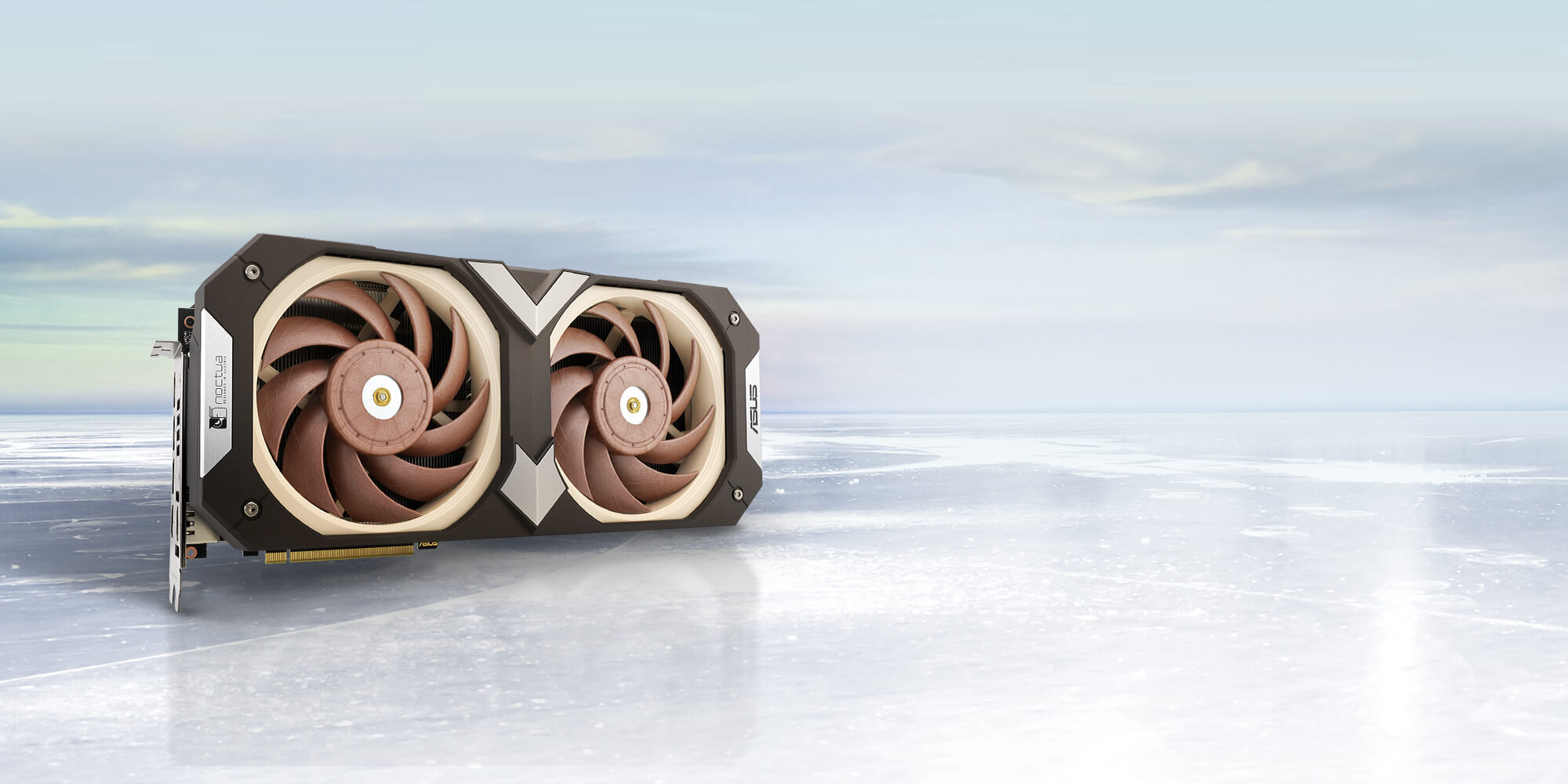ASUS GeForce RTX 3080 Noctua Edition Graphics Card standing on a sheet of ice.