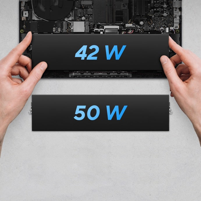 The internal chassis shot of the ASUS ExpertBook B1 showcases an easy battery assembly and three battery options: 42 W, 50 W , and 63 W.