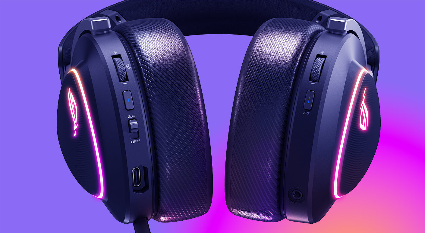 Viewing ROG Delta II from the bottom to highlight different buttons on the ear cup. On the right side, buttons are designed to control audio when connecting via Bluetooth. On the left side, buttons are designed to control audio when connecting via 2.4 GHz RF.