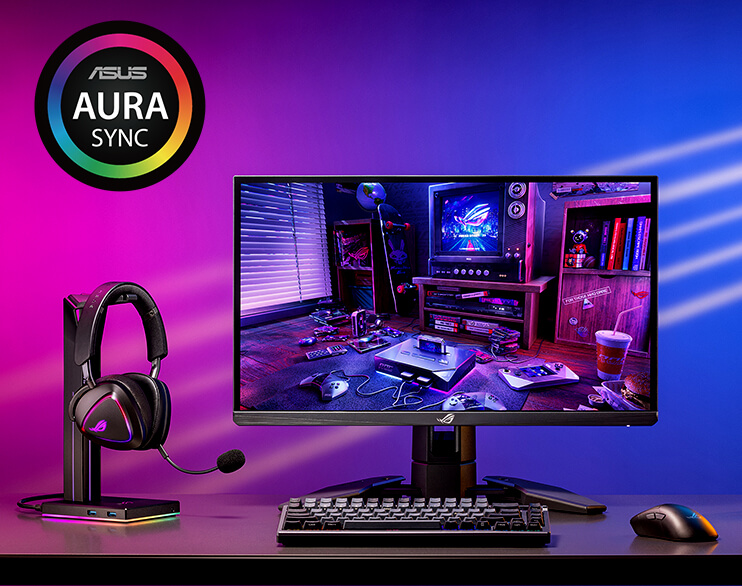 The ROG Delta II on the headset stand beside to the ROG monitor, keyboard, and mouse with ROG Aura Sync RGB lighting logo on the top.