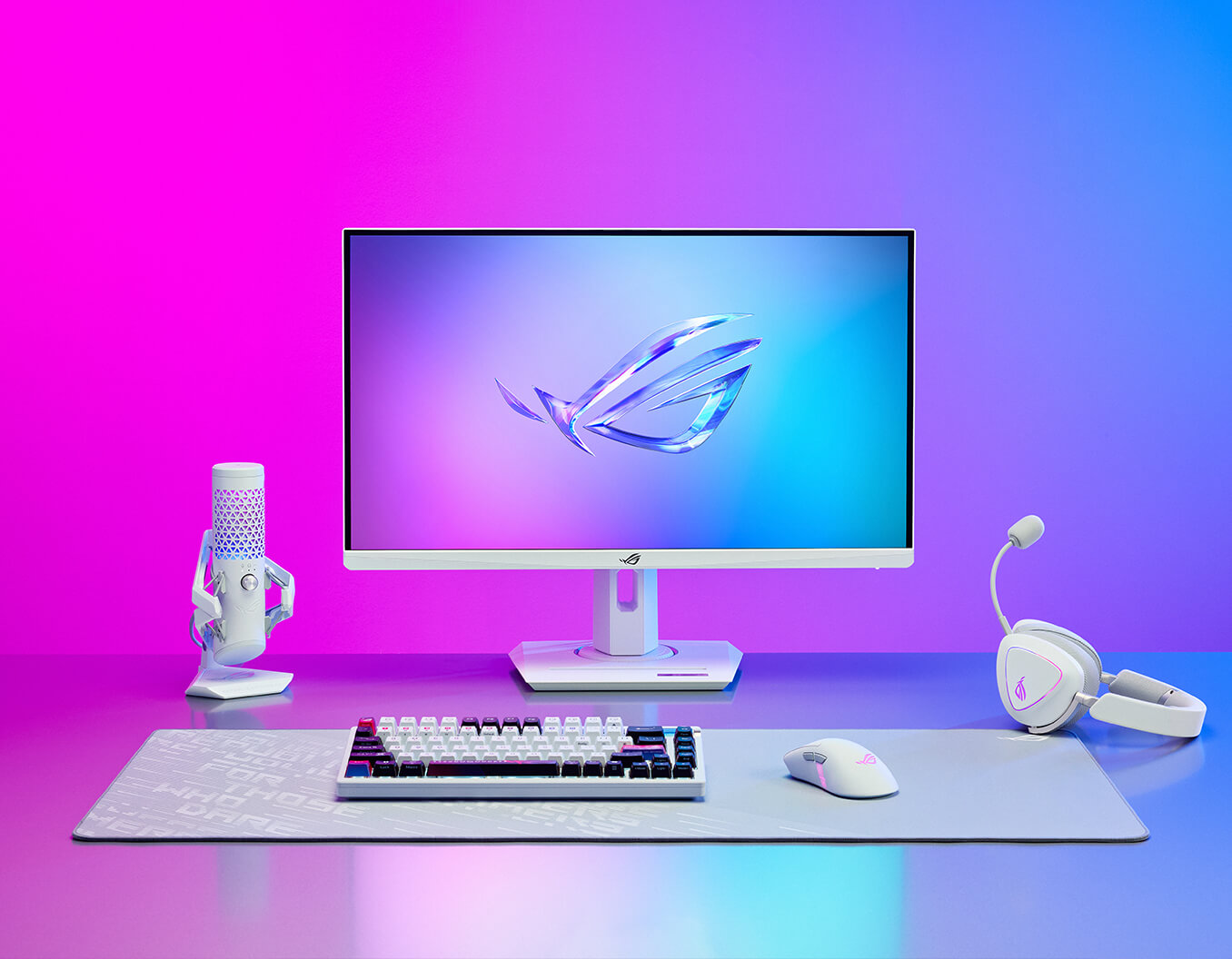 The ROG Delta II Moonlight White Edition on the headset stand beside to a White ROG monitor.