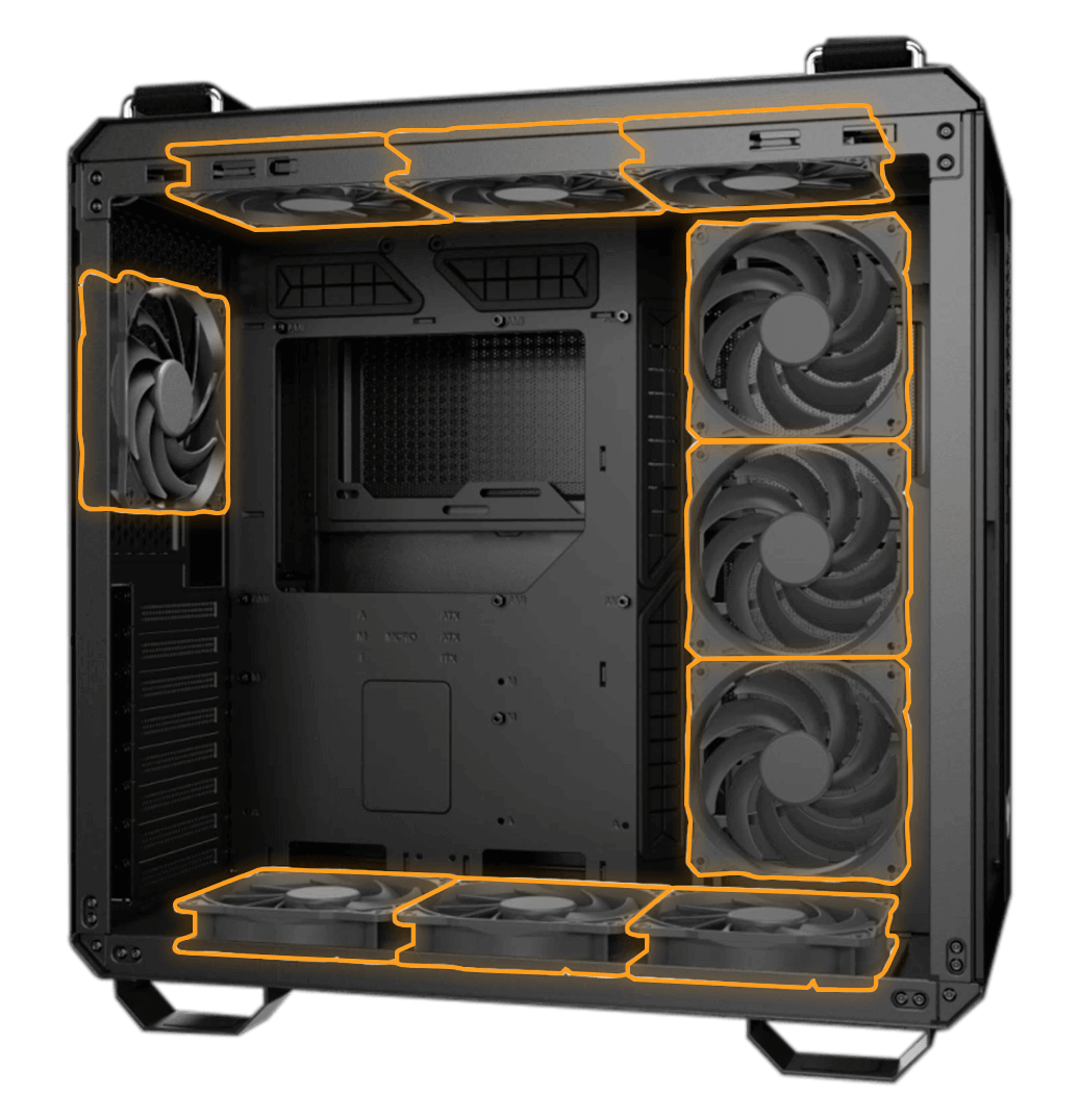 GT502 PLUS case support 10 fans at the main chamber