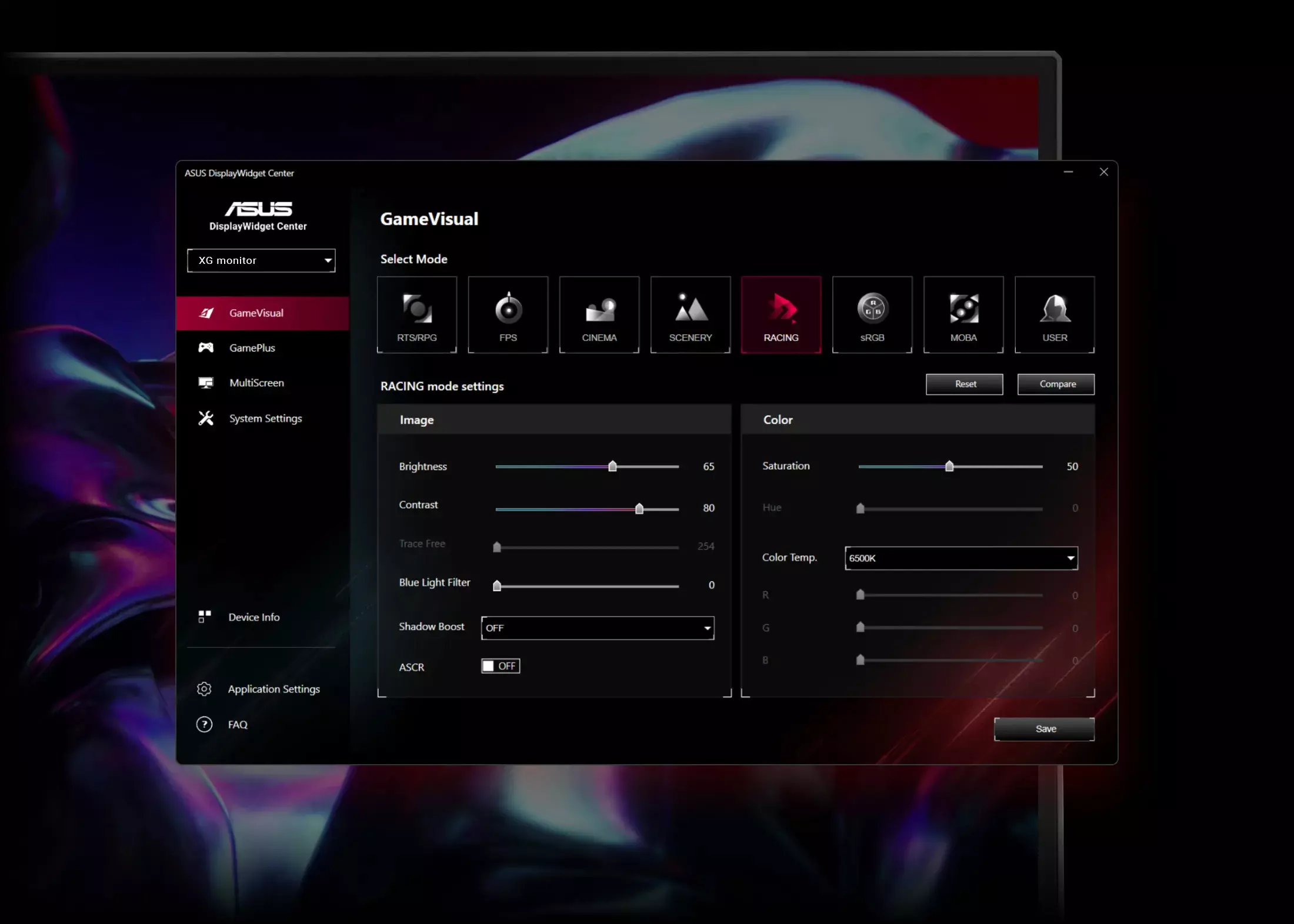 Screenshot of the ASUS ROG Strix monitor's DisplayWidget Center interface for easy OSD access and settings adjustments.