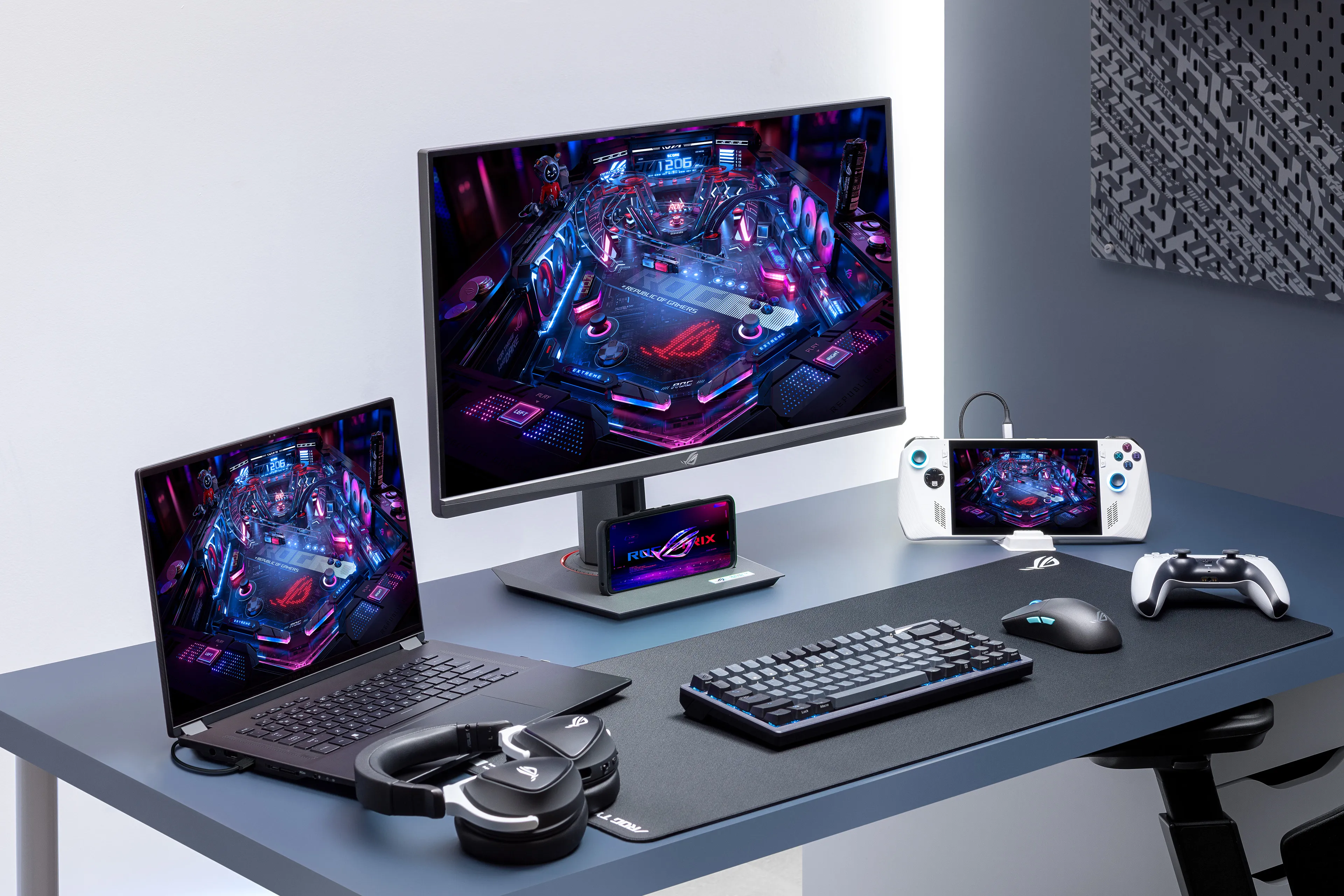 Close-up of the ASUS ROG Strix gaming monitor's USB Type-C and other connectivity ports for peripherals like gaming notebook, Ally and phone
