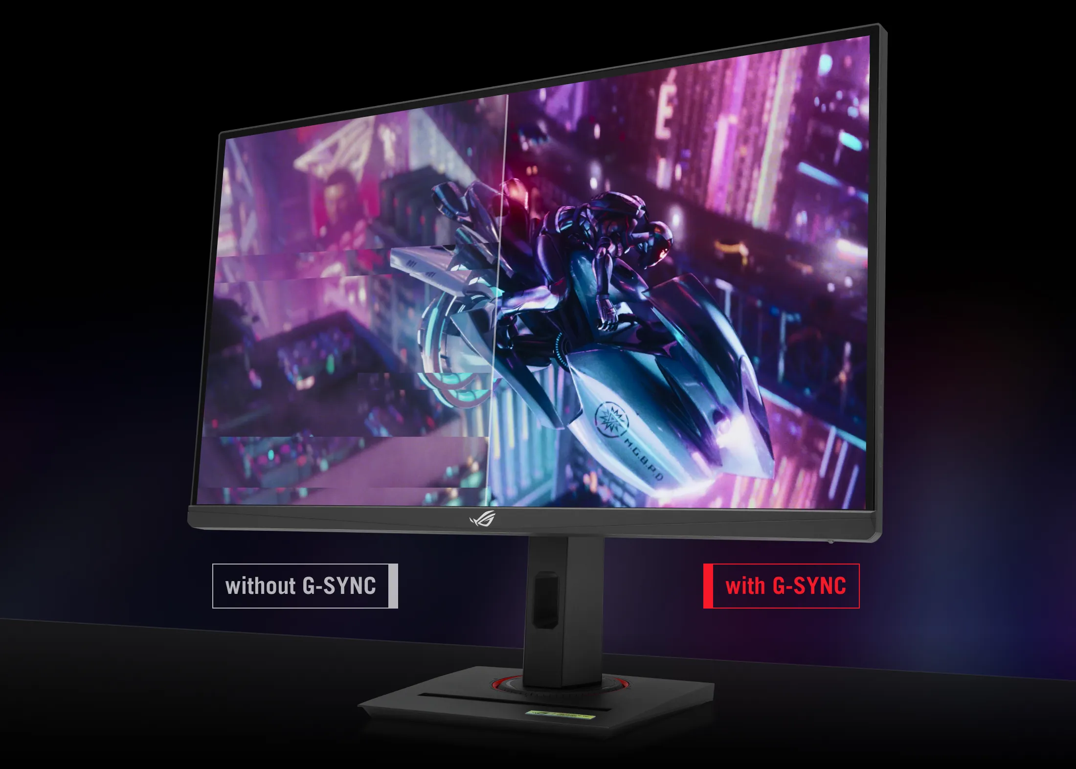 Front view of ASUS ROG Strix gaming monitor displaying in-game visual that enable g-sync or not.