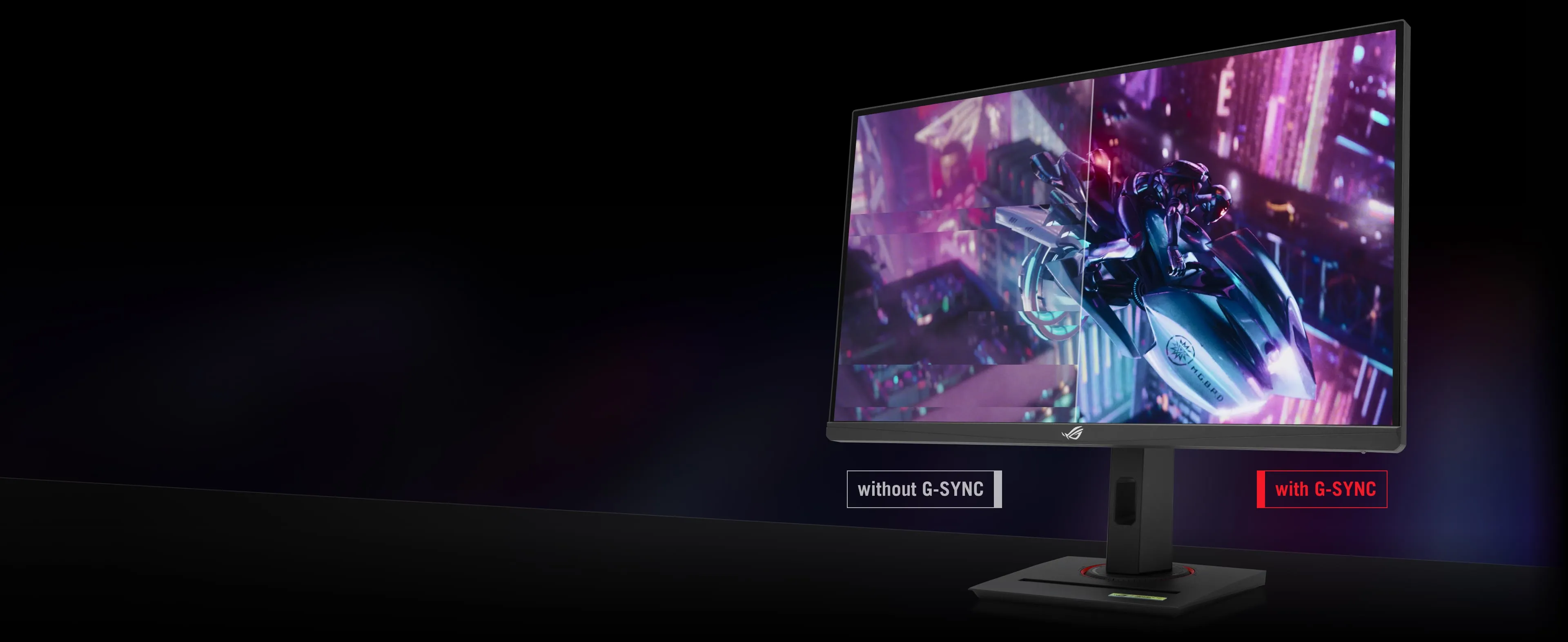 Front view of ASUS ROG Strix gaming monitor displaying in-game visual that enable g-sync or not.