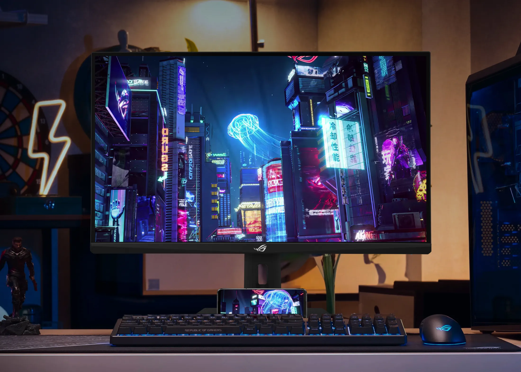 Front view of ASUS ROG Strix gaming monitor displaying high-resolution game graphic with vivid colors