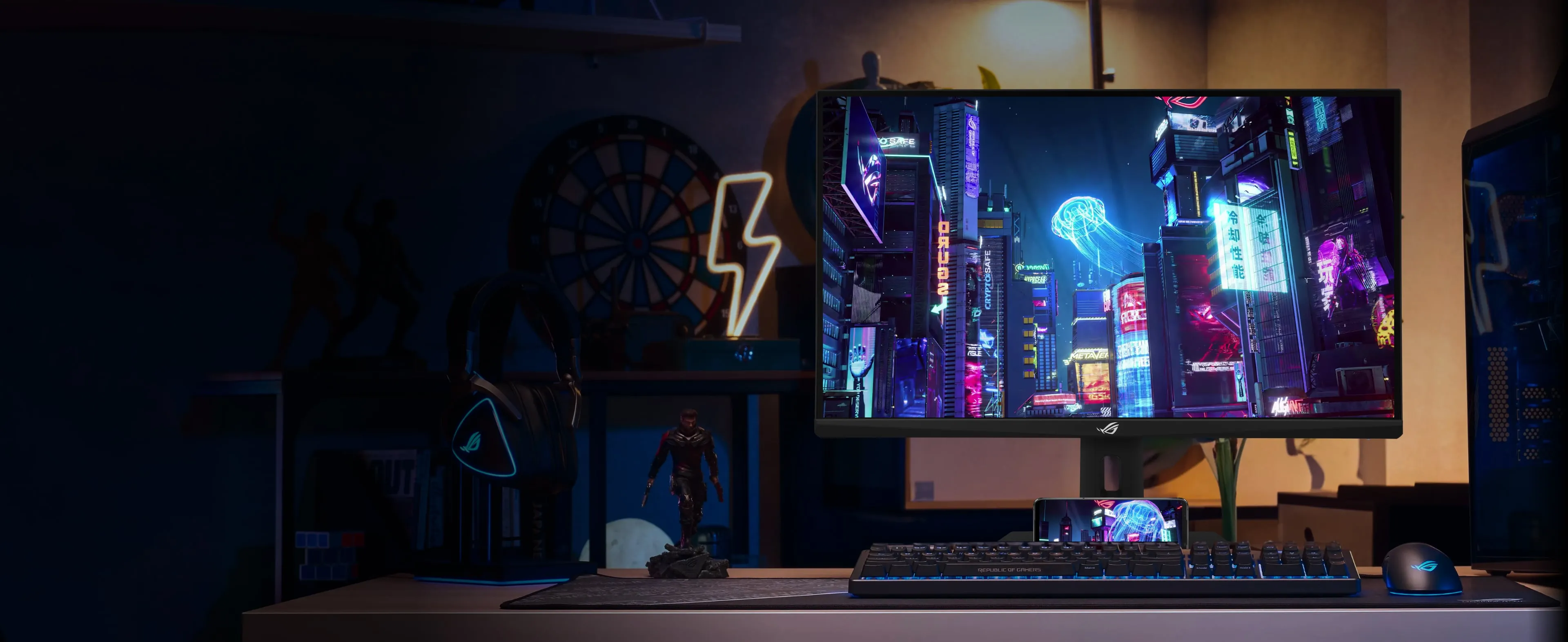 Front view of ASUS ROG Strix gaming monitor displaying high-resolution game graphic with vivid colors