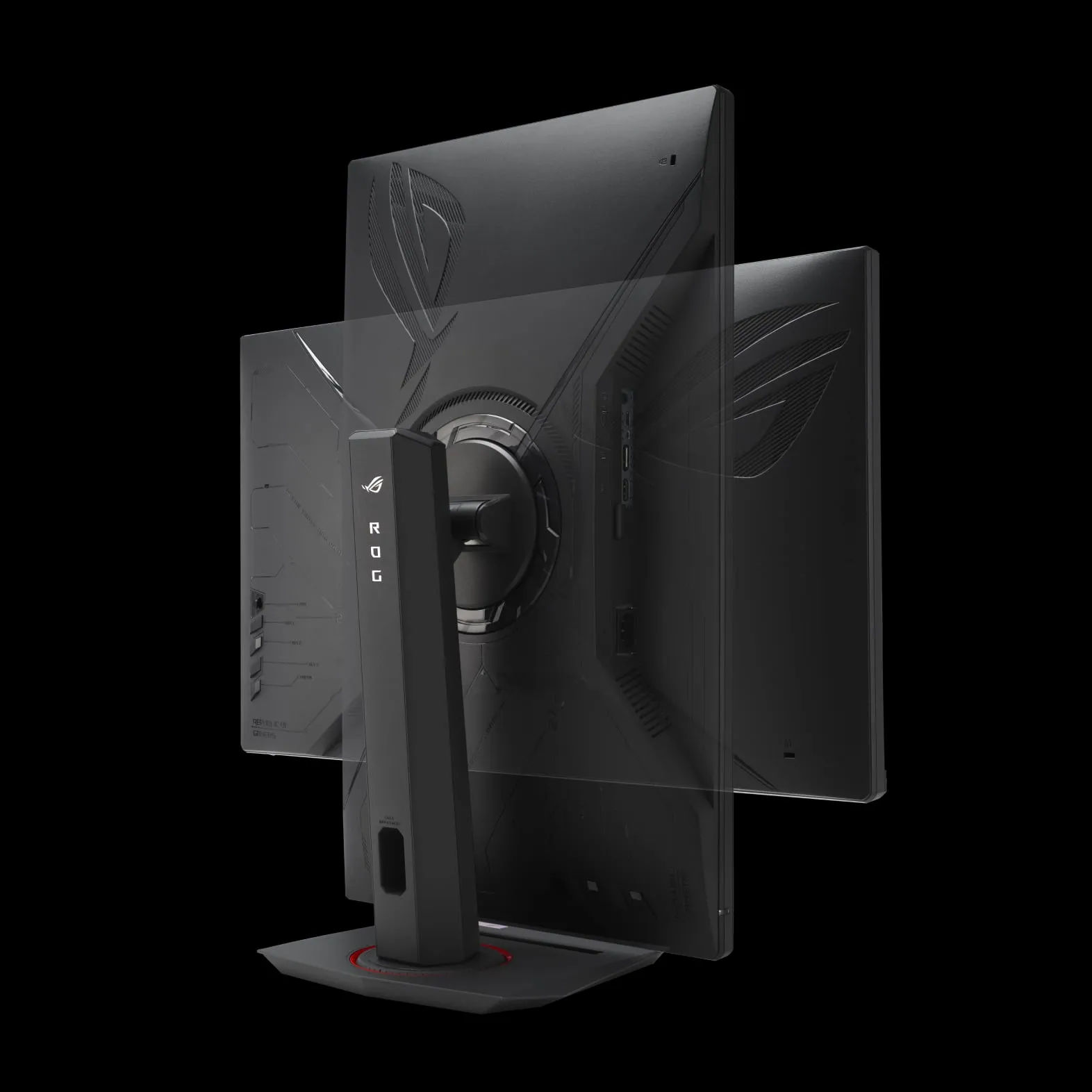 Side view of the ASUS ROG Strix monitor with a slim profile and adjustable stand for tilt, pivot, and height.