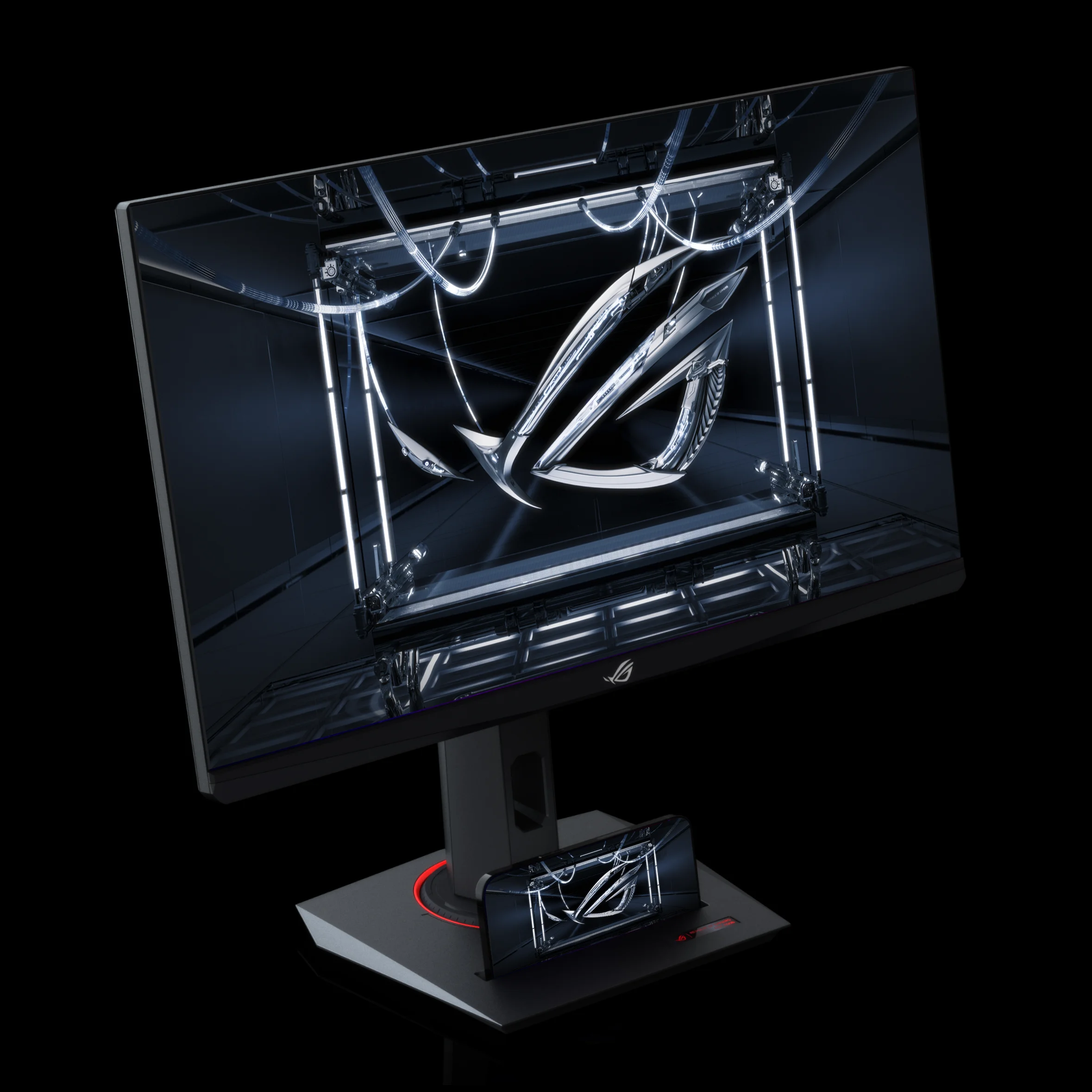 Detailed view of the ASUS ROG Strix monitor's stand featuring a built-in phone holder for added convenience