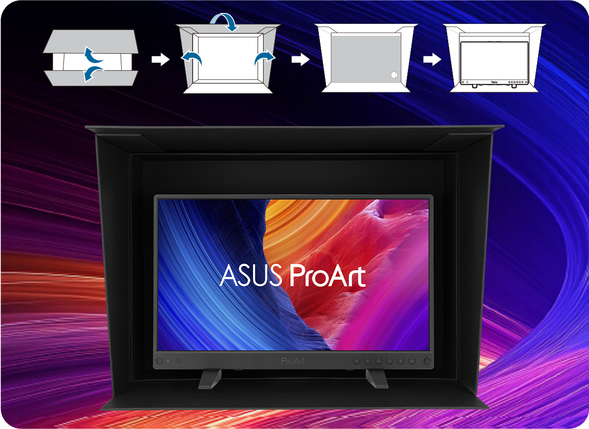 ProArt Display with reusable monitor hood on VESA mountable