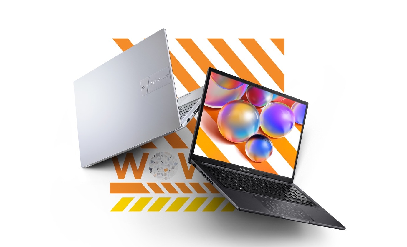 Один ноутбук ASUS Vivobook 14 OLED зображено відкритим, видно його екран і клавіатуру, а другий закритим, видно його кришку.