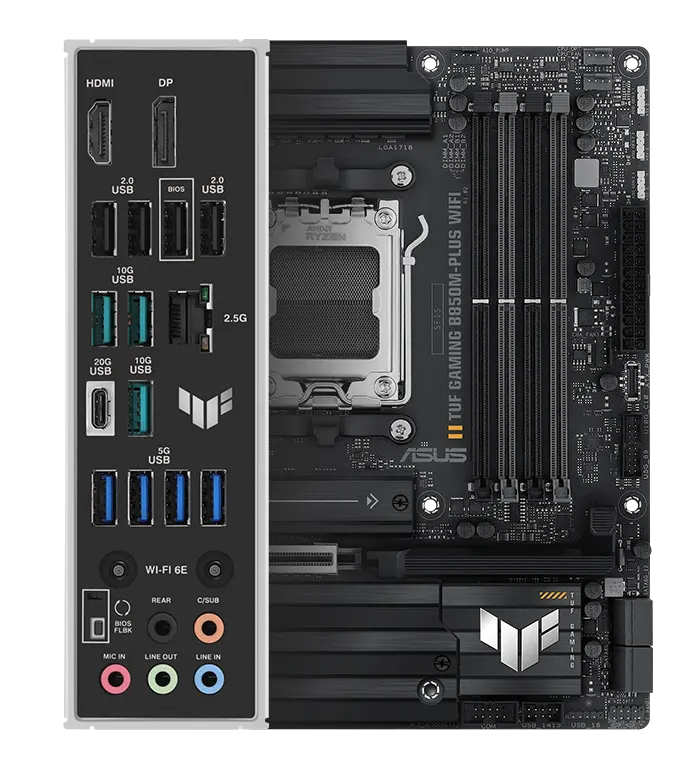 TUF Gaming motherboard front view, with Aura lighting, and I/O shield