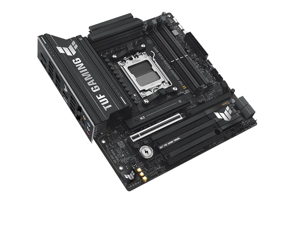 TUF Gaming motherboard front view, 45 degrees