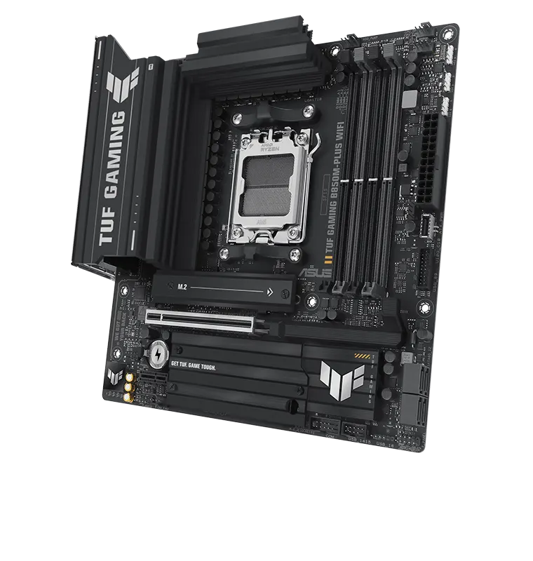 TUF Gaming motherboard front view, 60 degrees, with Aura lighting