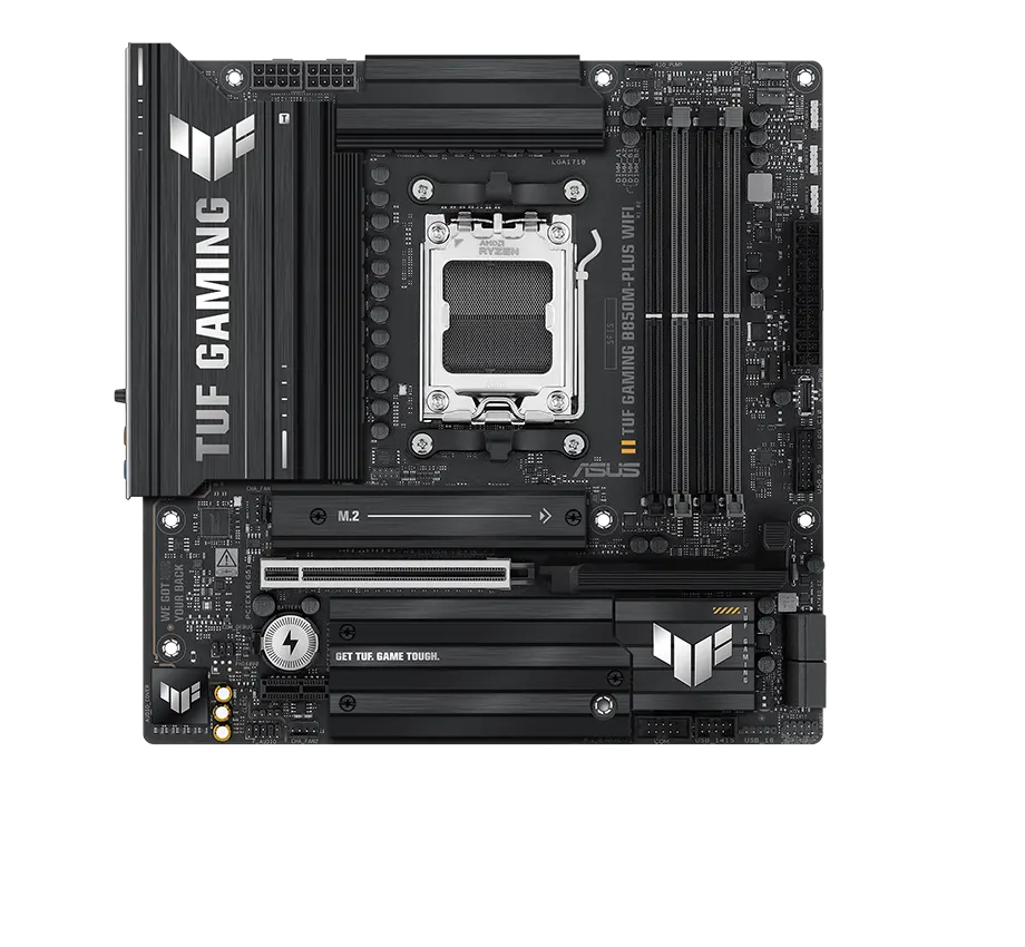 TUF Gaming motherboard front view, with Aura lighting