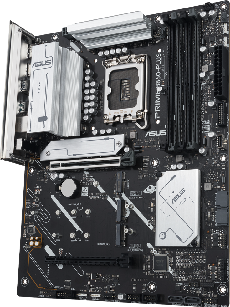 PRIME B860-PLUS motherboard front view, floating in space.