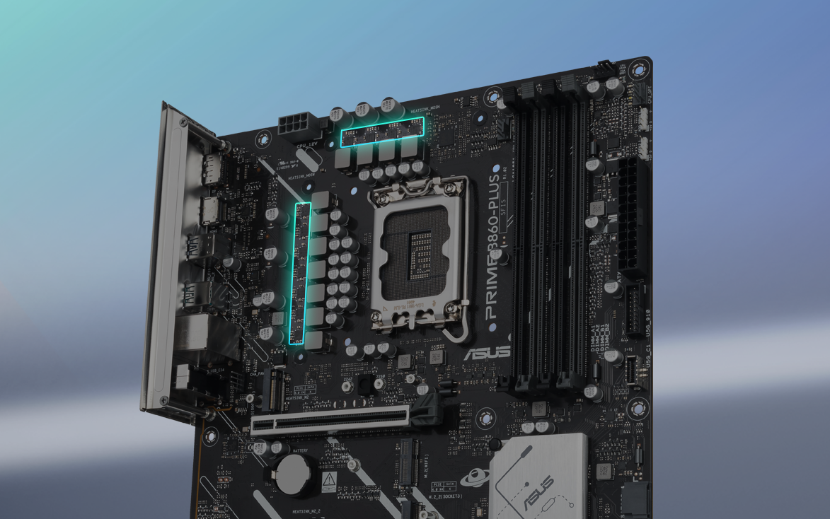 Angled top-down view of PRIME B860-PLUS motherboard. 