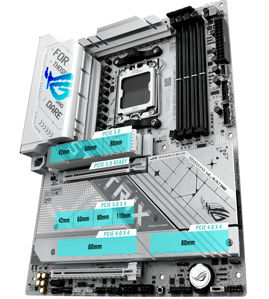 The Strix X870-A PCIe 5.0 M.2 and expansion slot layout